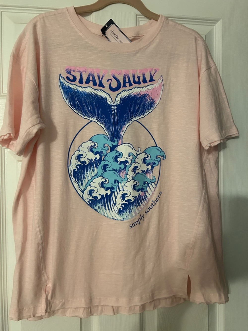 Simply Southern Pink 'Stay Salty' Whale Tail Graphic loose fit  Tee